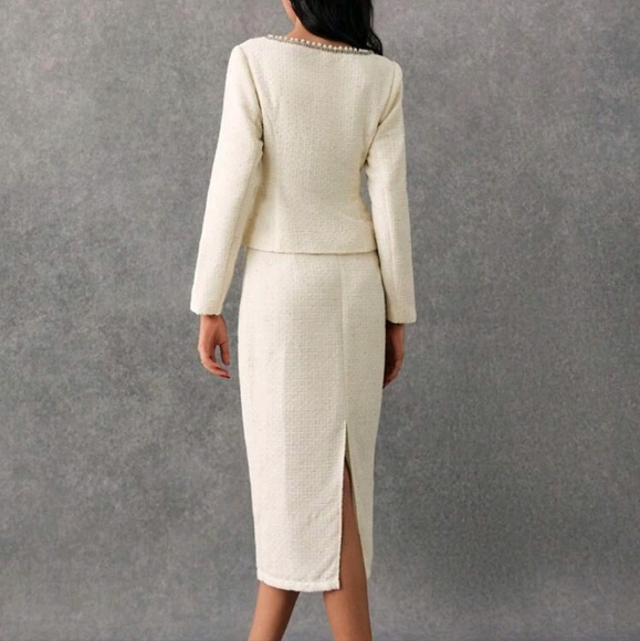 2pcs Women Elegant Beaded & Rhinestone Decor Front Button Blouse And Skirt - Picture 6 of 6